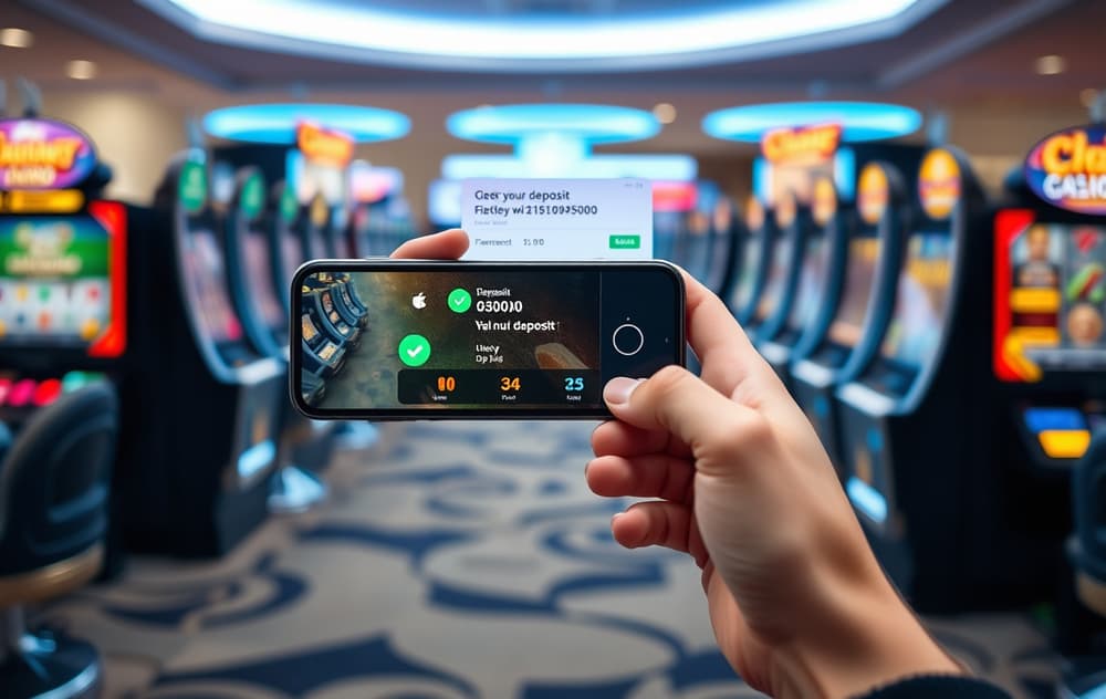 iPhone med Apple Pay for innskudd på nettcasino – bekreftelse på skjermen.