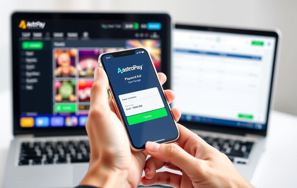 Person som bekrefter en AstroPay-betaling på mobilen, med casino i bakgrunnen på PC.