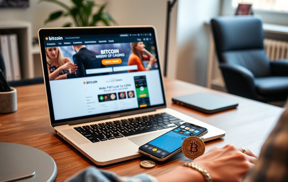 En person ved en laptop med et Bitcoin-casino på skjermen, en mobiltelefon med en kryptolommebok-app, og en fysisk Bitcoin-mynt på bordet.