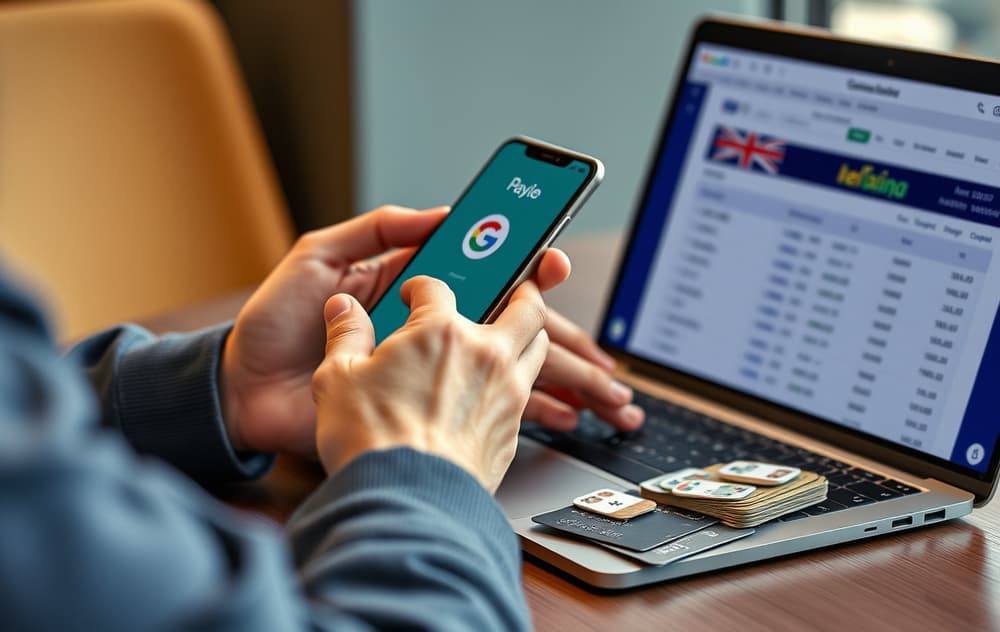 Person som bruker Google Pay til innskudd på nettcasino med mobiltelefon.