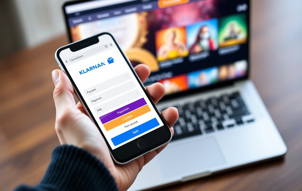 Hånd som holder mobil med Klarna betalingsvindu på et casino, med utydelig laptop i bakgrunnen.