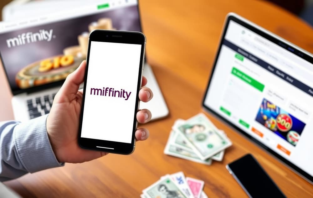 Person med mobiltelefon som viser MiFinity-logo, med casino-nettside i bakgrunnen og kontanter på bordet