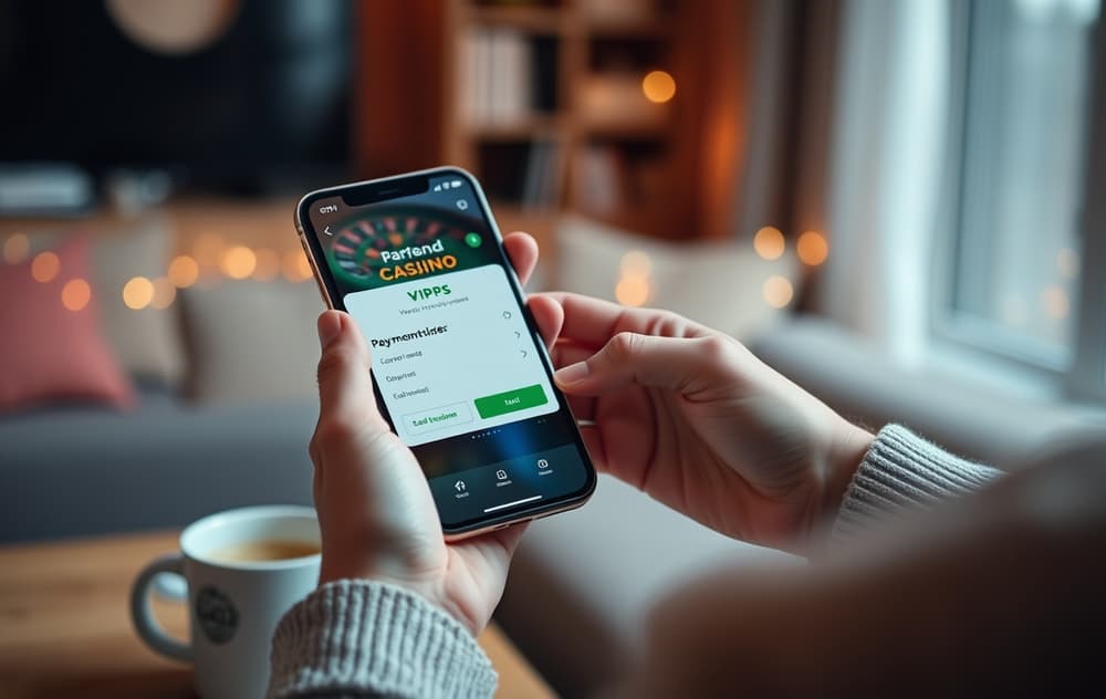 Person som betaler med mobil på et norsk nettcasino – Vipps-logo synlig på skjermen.