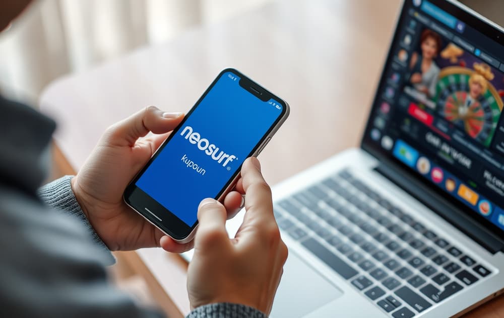 Person som bruker Neosurf på mobil og datamaskin for casinoinnskudd.