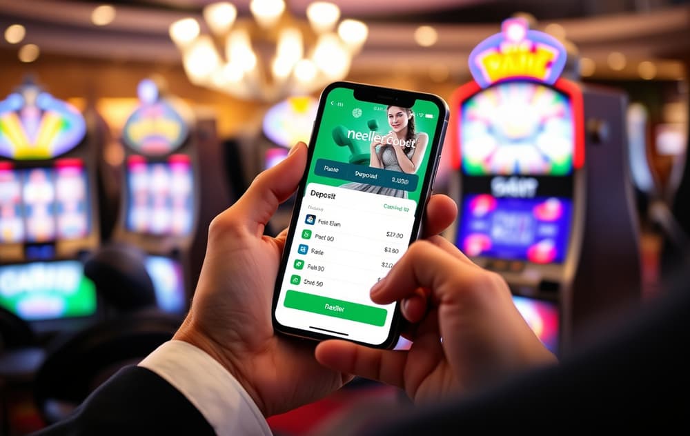 Bilde av en person som setter inn penger på et nettcasino med Neteller via mobilen.
