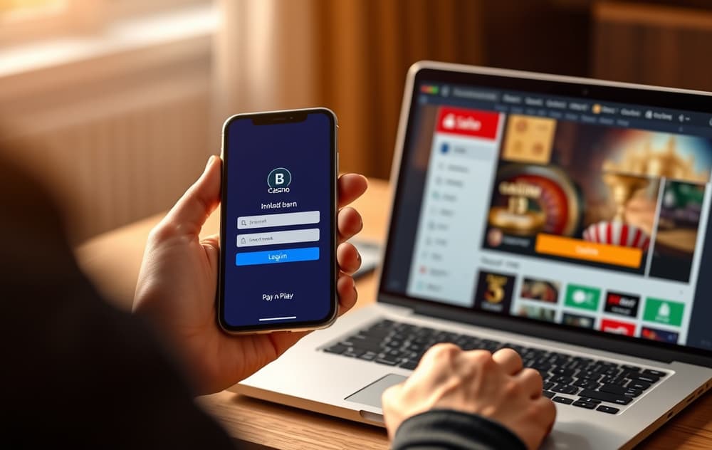 En person som bruker mobilen med BankID for å bekrefte et innskudd på et nettcasino med Pay n Play.