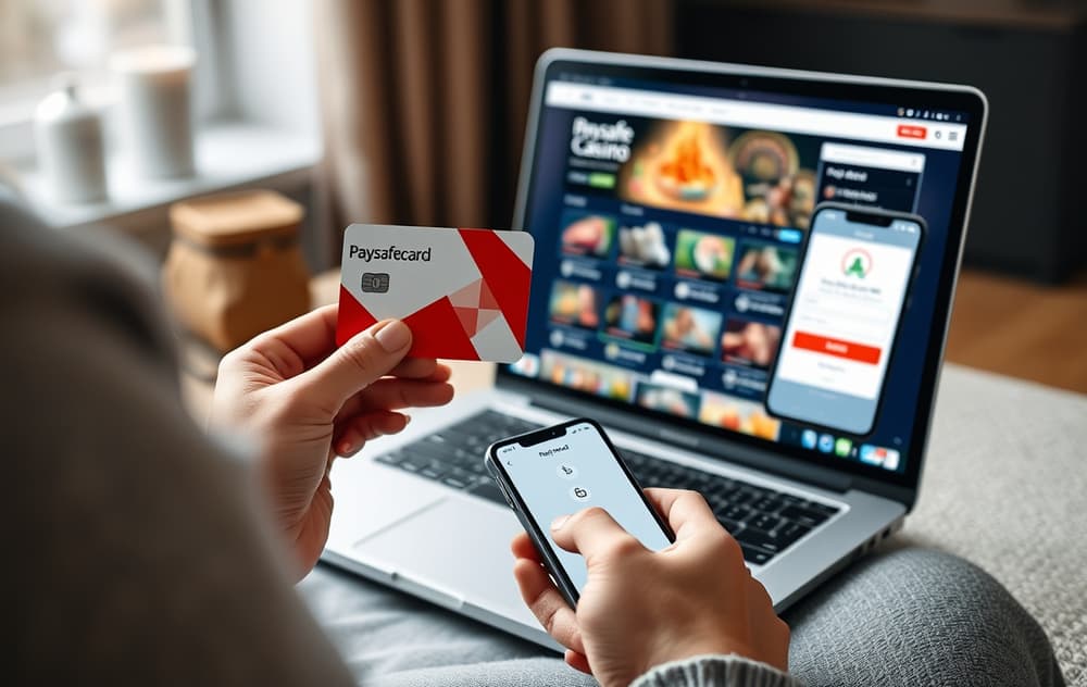 En person holder et Paysafecard-kort og ser på en casino-nettside på en bærbar PC, med en mobil som viser en PIN-kode, i et koselig hjemmemiljø.