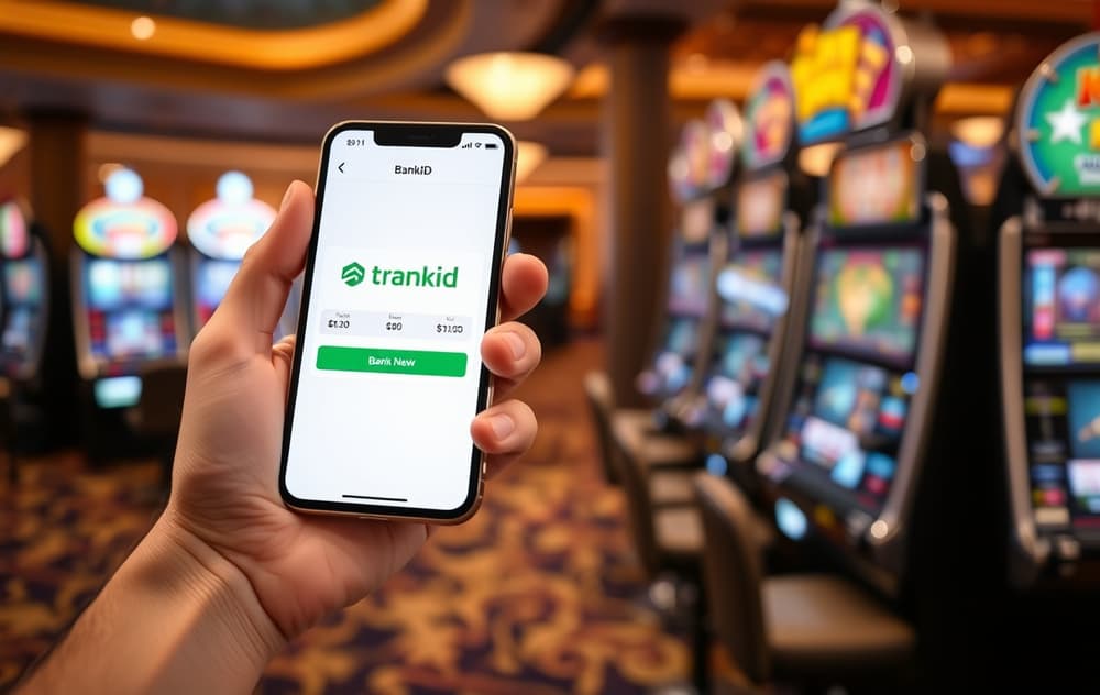 Person som bruker BankID på mobil for å sette inn penger på et nettcasino via Trustly.