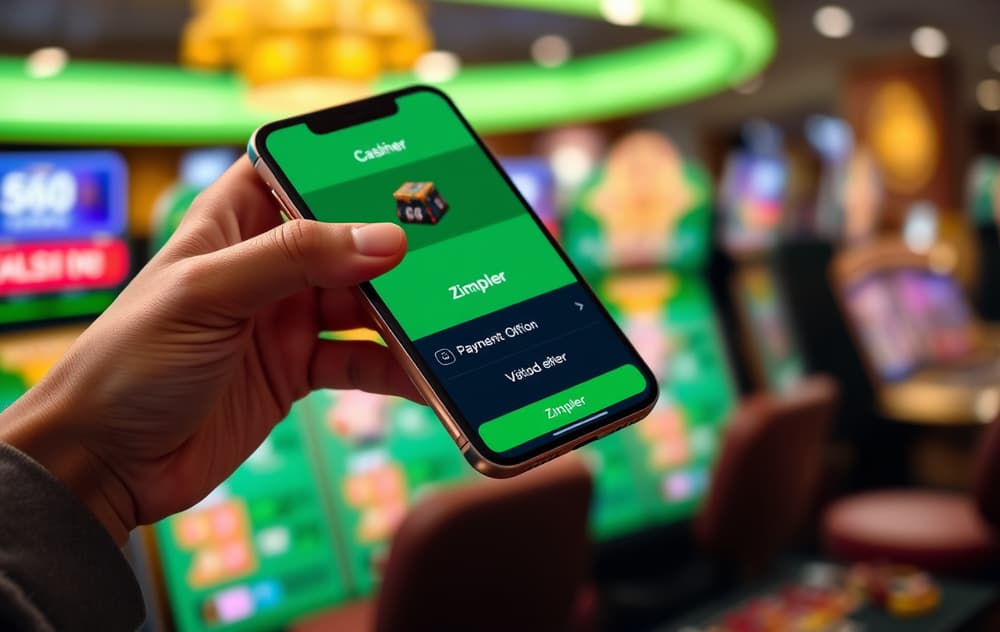 Person som holder en mobiltelefon med Zimpler betalingsmetode synlig på en casino-kasse