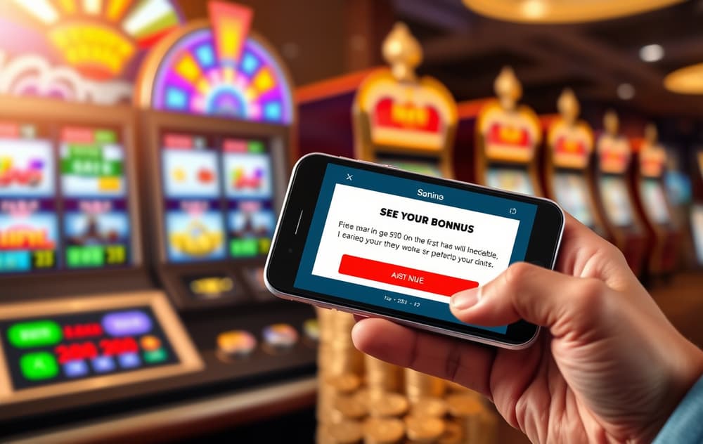 En person som holder en smarttelefon med en bonusskjerm, med mynter og spilleautomat i bakgrunnen.