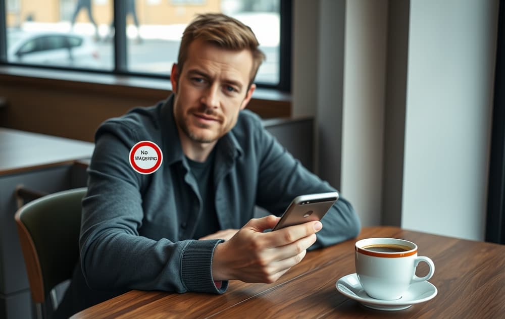 Norsk mann som holder en mobiltelefon med 'No Wagering' på skjermen, ved et bord med kaffekopp
