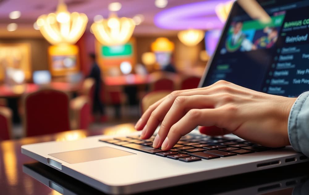 En hånd som skriver en bonuskode på et tastatur, med et uklart casino bak