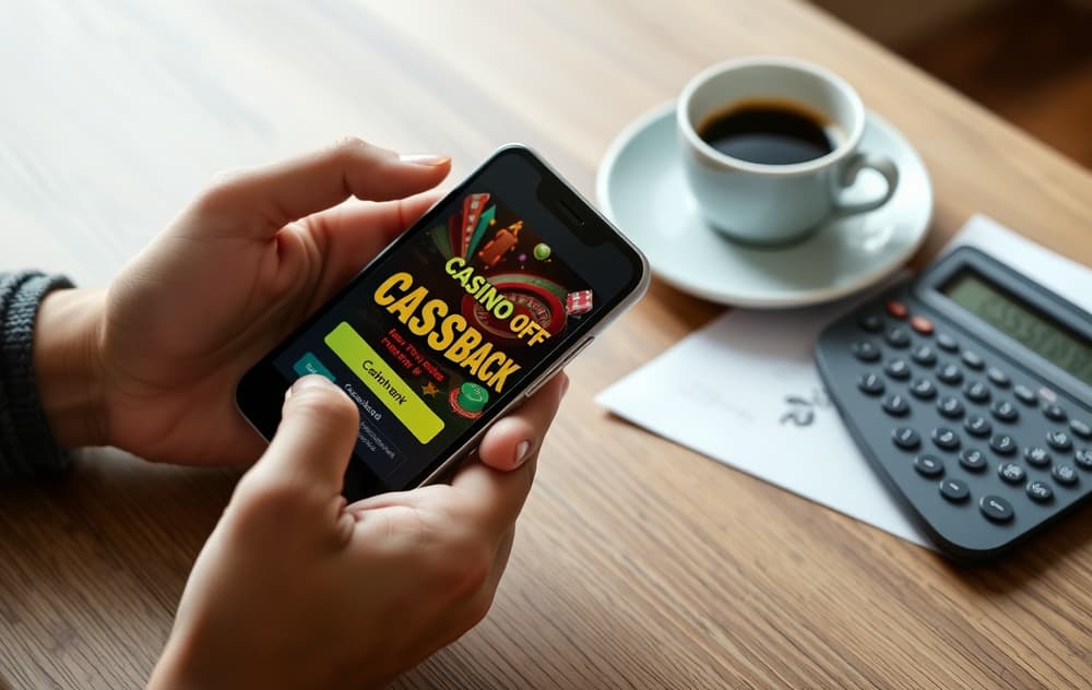 Person som holder smarttelefon med cashback-tilbud på skjermen, kalkulator og kaffekopp på bordet
