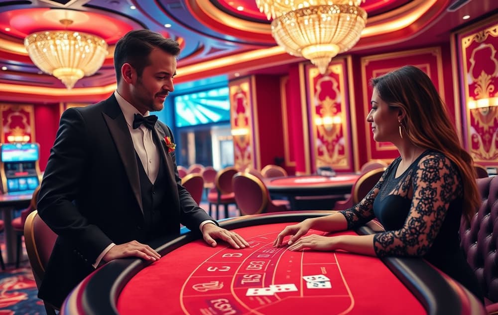 Luksuriøs VIP-lounge på casino med personlig vert og spiller ved blackjack-bord