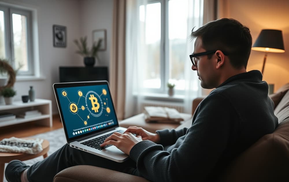 Person som sjekker krypto casino på mobil og laptop i en norsk stue