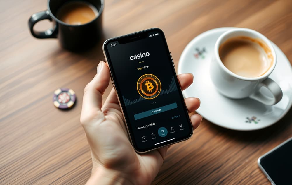 Laptop og kaffe på et bord, med bitcoin-symbol og krypto casino på skjermen