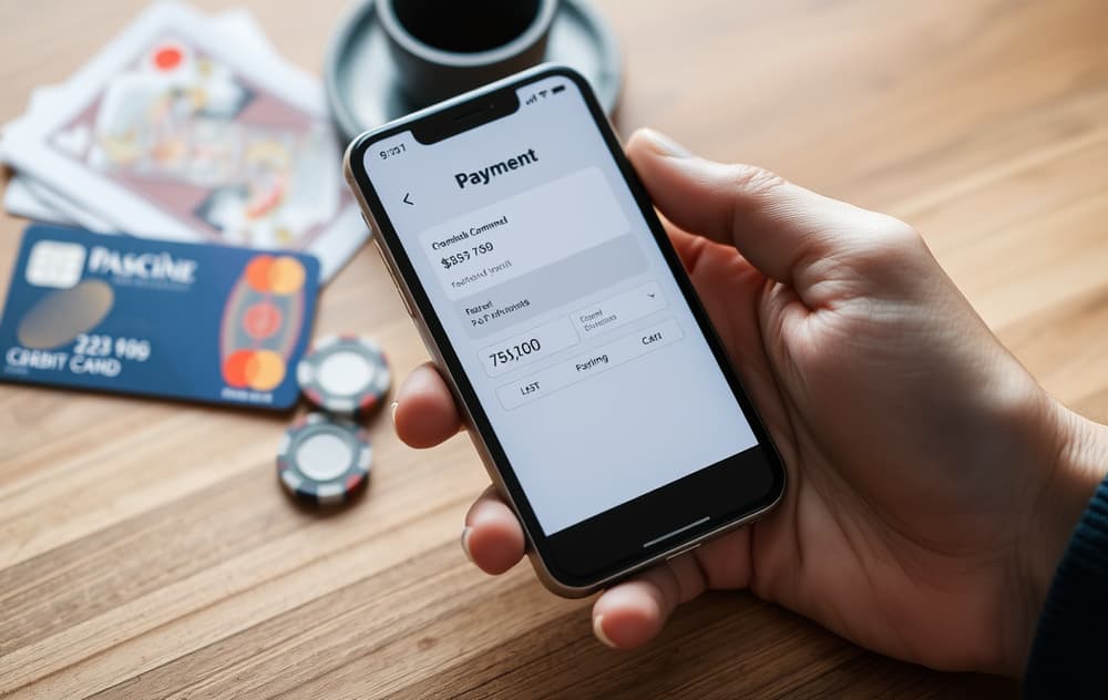 En person som holder en mobiltelefon med en betalingsapp ved siden av casinochips og et kredittkort.