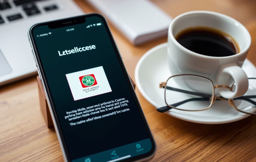 Smarttelefon med MGA-lisensverifisering på skjermen, kaffekopp og briller på trebord.