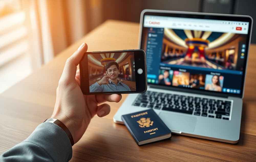 Person som tar selfie for KYC-verifisering med pass ved siden av, laptop med casino i bakgrunnen