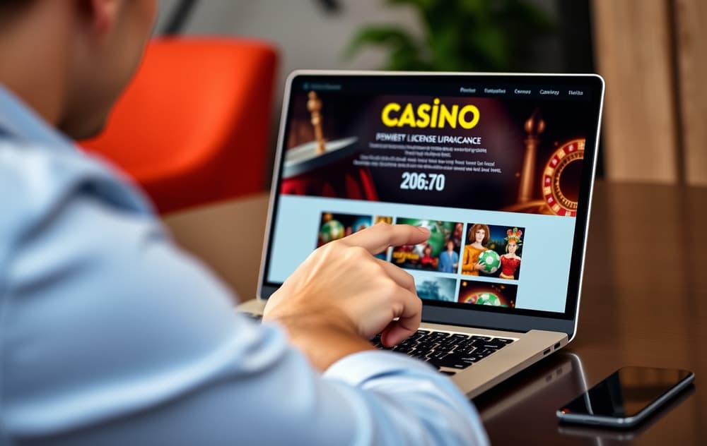 En person som peker på lisensinformasjon nederst på en casino-nettside på en bærbar PC