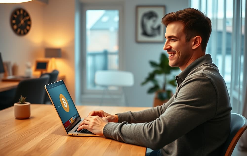 Person som tar ut gevinster fra nettcasino på laptop med kryptovaluta
