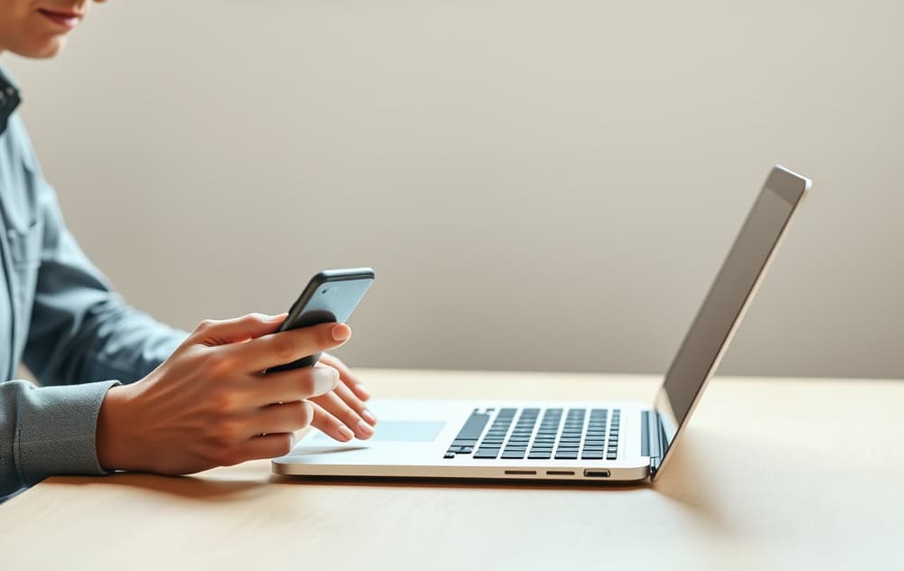 Person som sitter ved et skrivebord med laptop og telefon, live chat-boble synlig på skjermen.