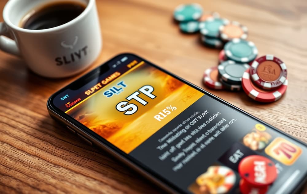 Mobilskjerm som viser RTP-informasjon for et spilleautomat, med kaffekopp og sjetonger på bordet