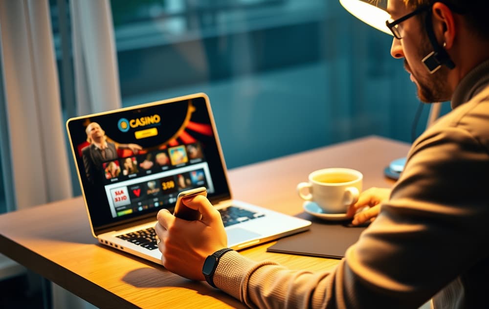 Norsk casinospiller leser vilkår på laptop med telefon i hånden.