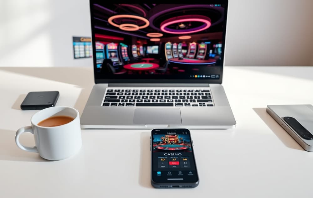Moderne skrivebord med laptop som viser et nettcasino, kaffekopp og mobiltelefon med casino-app
