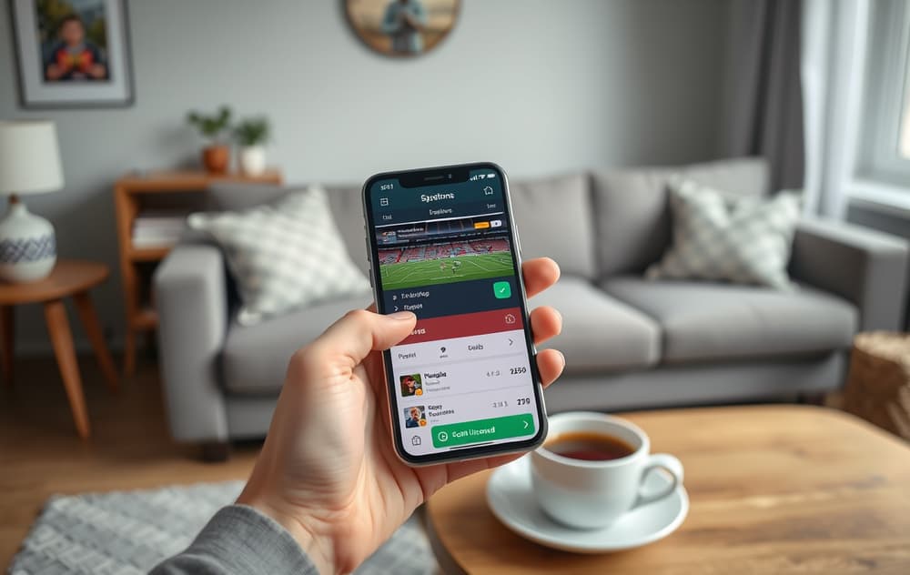 Person med mobiltelefon som viser en bettingside med fotballodds og MGA-lisens-sjekk