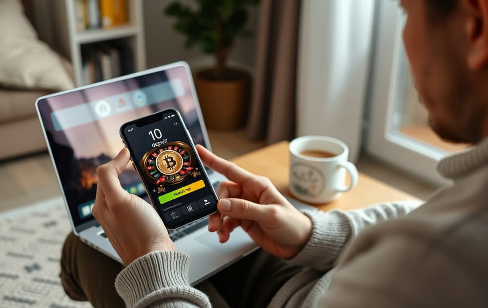 Person med laptop og mobil som viser innskudd på 10 kr på et casino, med Bitcoin-symbol.