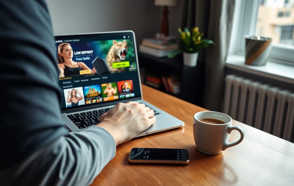 Norsk person som sammenligner casinoer med lavt innskudd på laptop