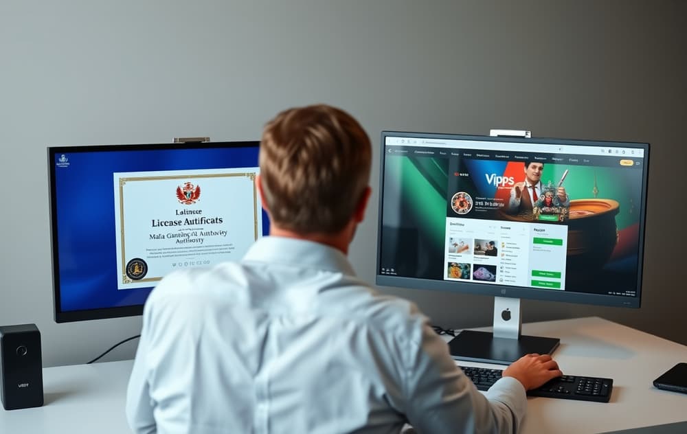 En person som sammenligner casinoer på to skjermer, med lisenssertifikat og betalingsside.