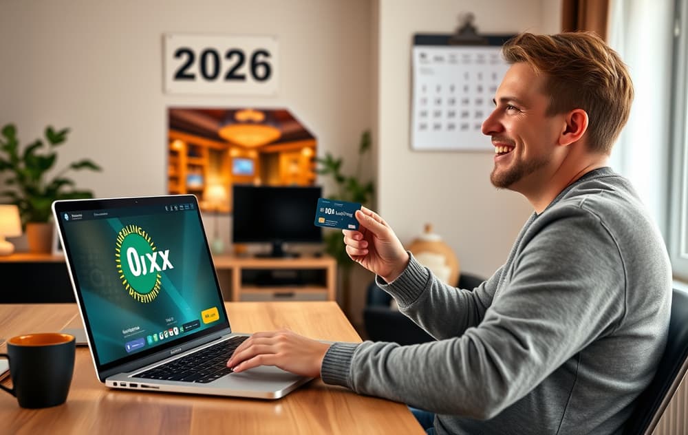 Person som sitter ved et skrivebord og ser på en skjerm med et casino som har 0x omsetningskrav, med et kredittkort i hånden.