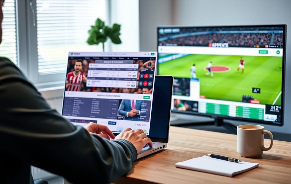 En person som sammenligner bettingsider for fotball odds på en laptop, med fotballkamp på TV i bakgrunnen.
