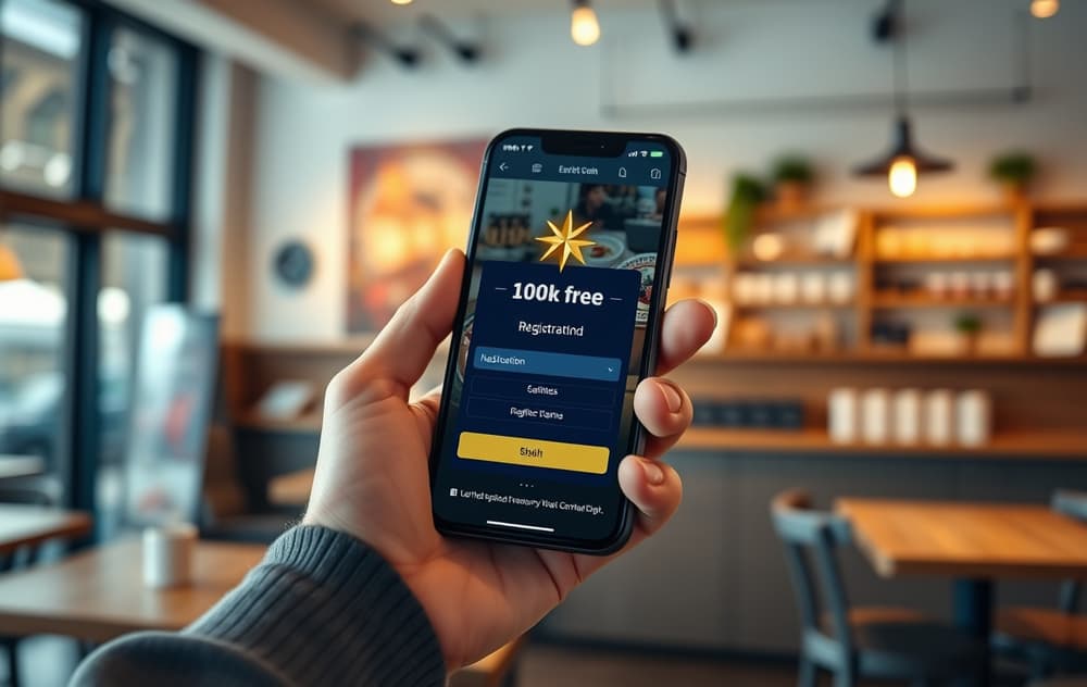 Person med mobilskjerm som viser gratis casino-bonus på 100 kr uten innskudd