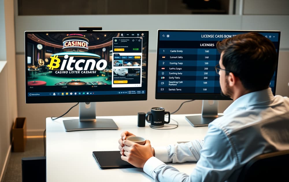 Person som sammenligner kryptocasinoer på to skjermer med lisens- og bonusinformasjon