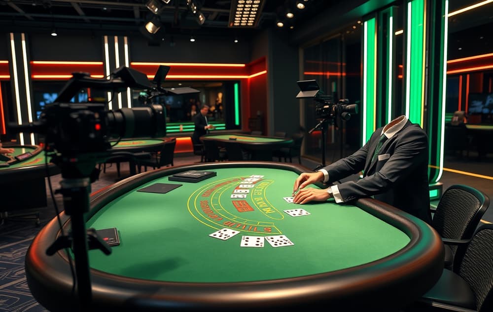 Live casino-studio med dealer i dress ved blackjack-bord, HD-kameraer og moderne belysning.