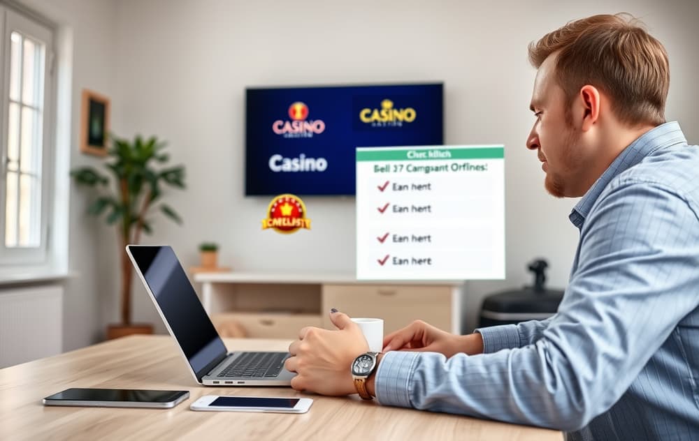 En person som sitter ved et skrivebord og sammenligner casinoer på en bærbar PC, med en kaffekopp og en sjekkliste.