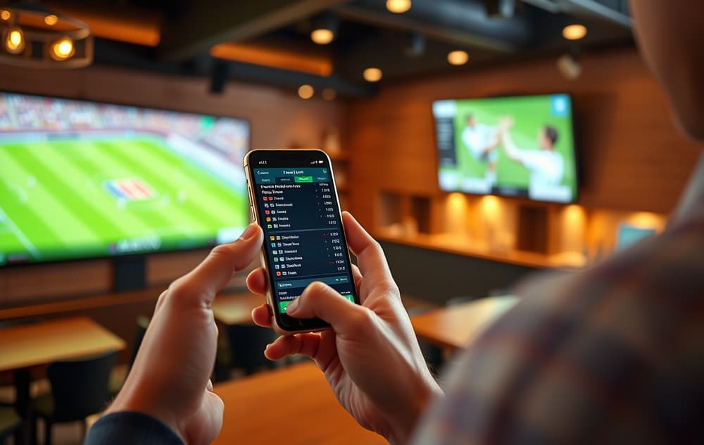 En person som satser på en fotballkamp via mobilen, med odds og direktesending på skjermen.