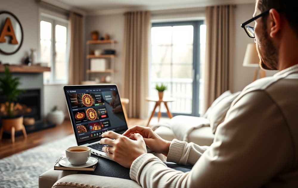Person som sammenligner casinoer på bærbar PC med kaffekopp og notatblokk