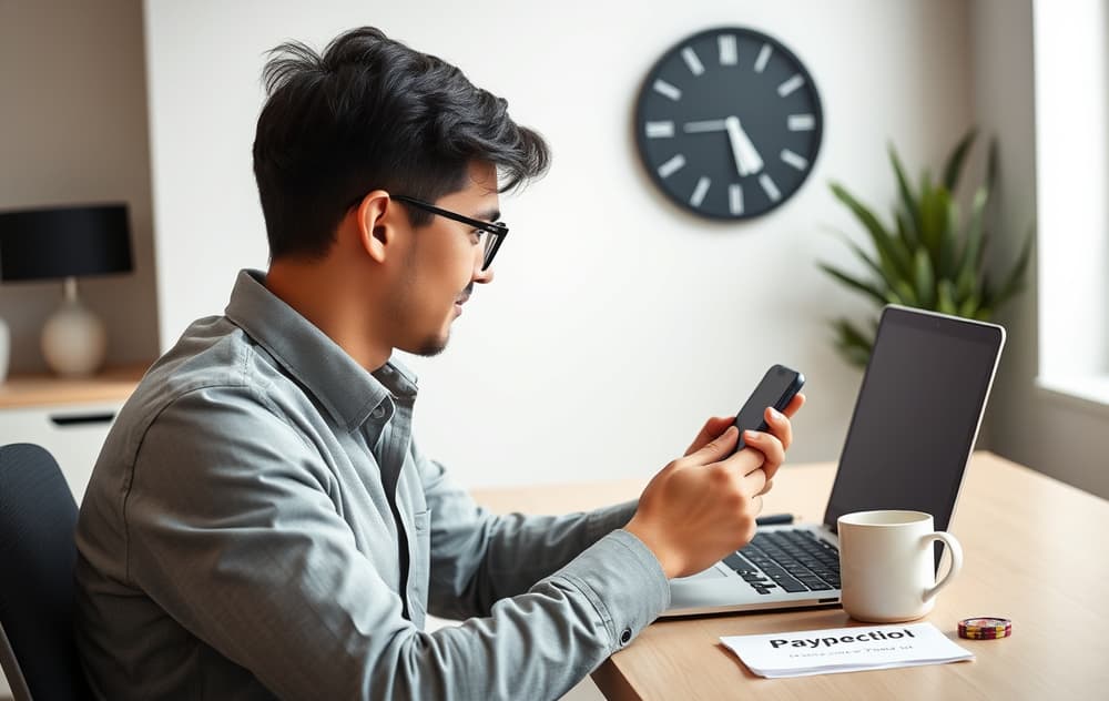 Person som sjekker en utbetalingsbekreftelse på mobilen samtidig som en klokke viser 5 minutter – symbol på raske casino-uttak.