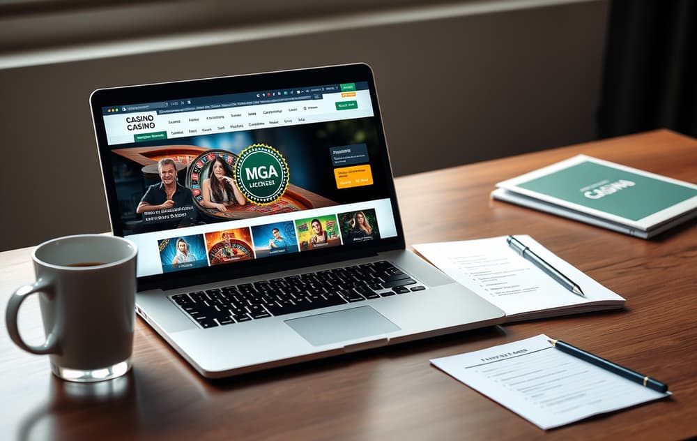 Laptop med casino nettside og MGA-lisens, kaffekopp og notatblokk