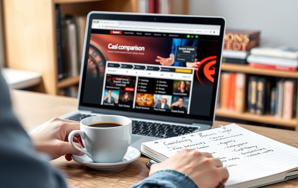 Person som sammenligner casinoer på laptop med notater og kaffekopp