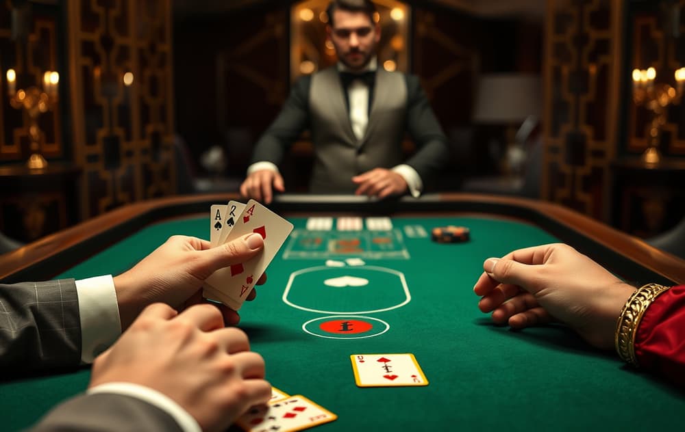 Luksuriøst baccarat-bord med dealer og spillekort.