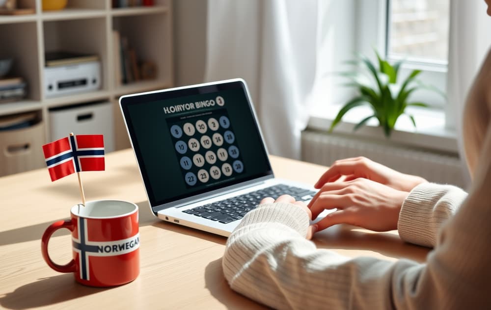 Person spiller bingo på nett fra hjemmekontoret med norsk flagg på bordet