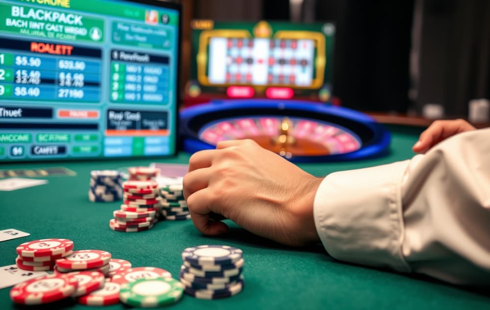 Bordspill på nett – blackjack og roulette med live dealer og chips i et moderne casino