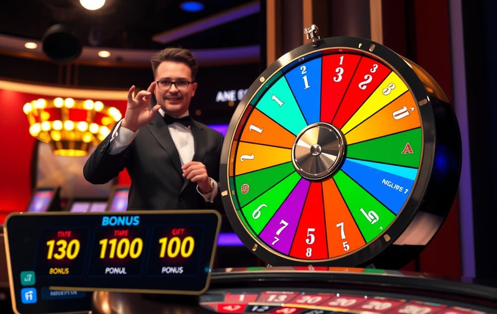 Live casino host spinner Crazy Time-hjulet med bonussegmenter og multiplikatorer synlig.