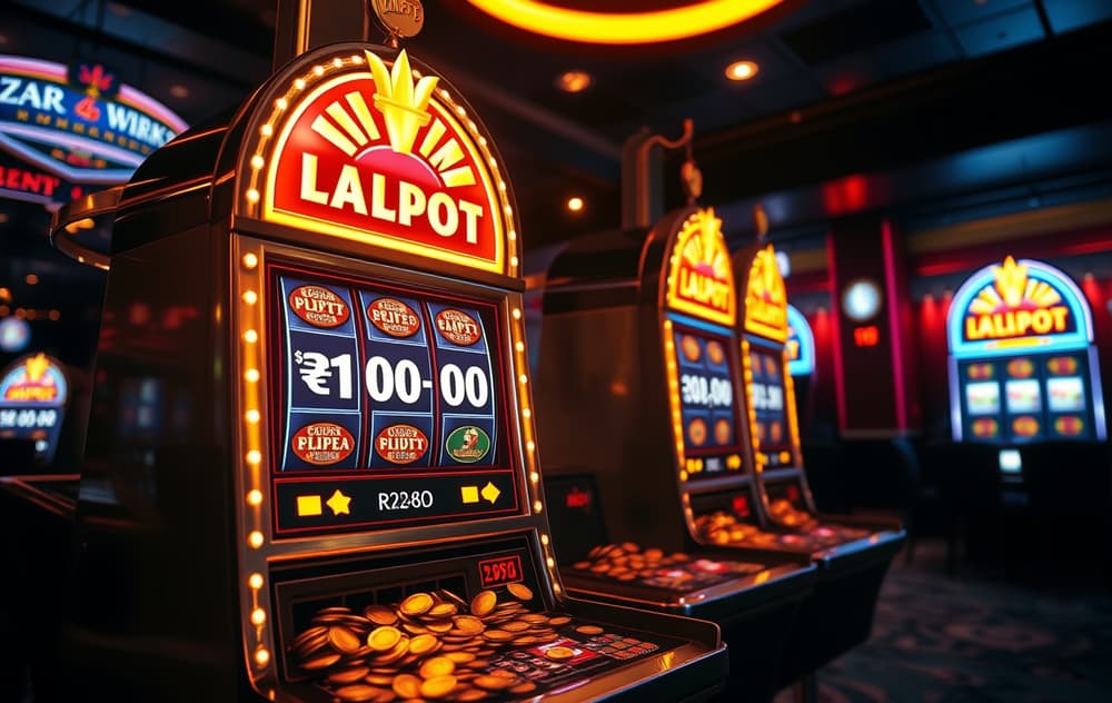 Glødende jackpot spilleautomat med mynter som renner ut, skjermen viser progressiv jackpot i norske kroner