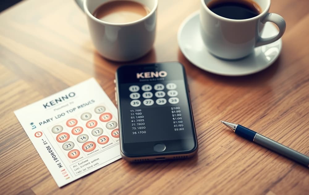 Keno-lottokupong og mobiltelefon med Keno-resultater på et trebord